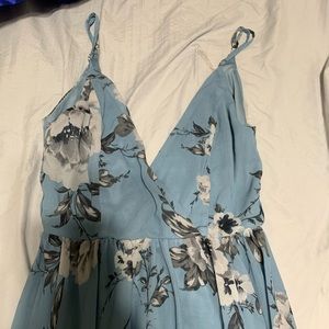 Light-medium blue with floral design maxi dress
